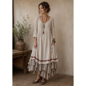Eka Maxi Dress Linen Sustainable 3/4 Sleeve Peasant Lagenlook Natural Ivory S